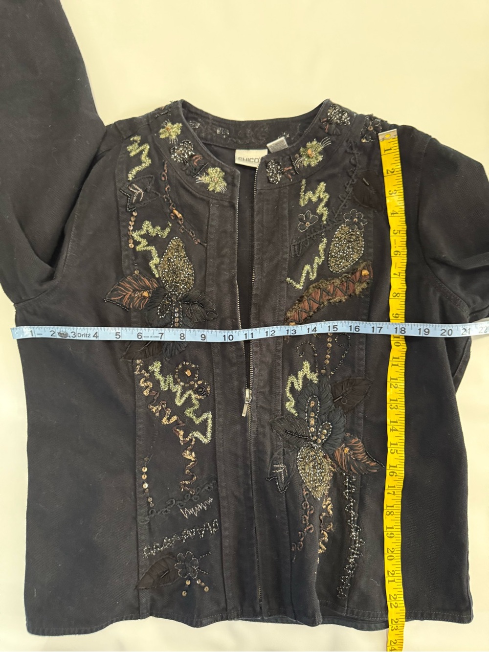 Chicos Black Embroidered & beaded Zip-Front denim Jacket size large (2) - Picture 10 of 13